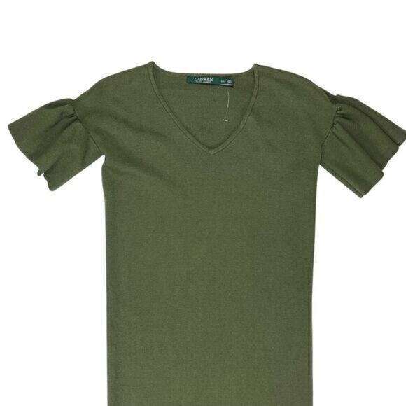 Lauren Ralph Lauren Sweater Dress Women XXS Green V Neck Flutter Sleeve Midi New - Picture 3 of 13